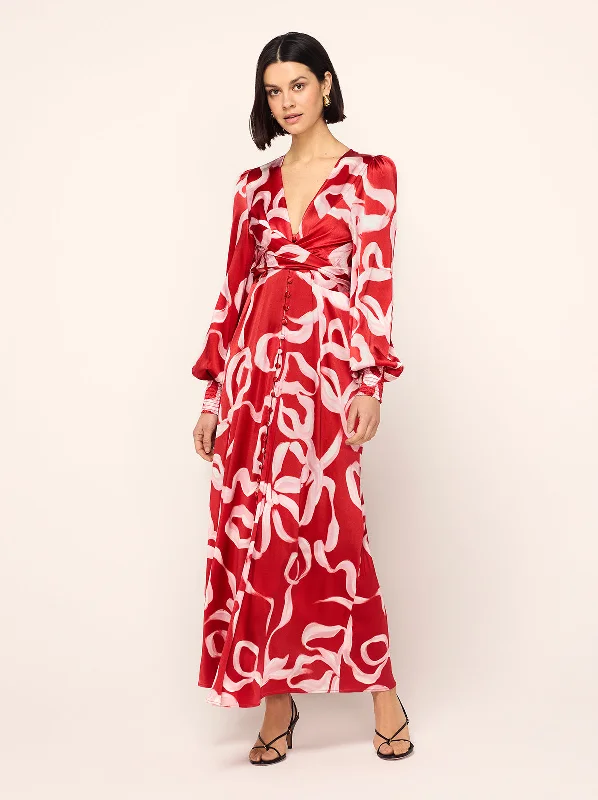 Outfits For Women Aurora Red Ribbon Print Maxi Dress