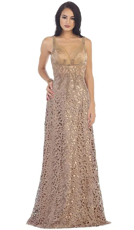 Trendy Women’s Fashion May Queen - Bedazzled V-Neck Sheath Evening Gown RQ7470 - 1 pc Mocha In Size 18 Available