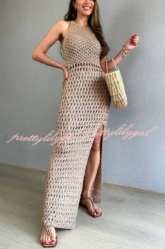 Premium Fashion Smiles and Sunshine Knit Texture Hollow Tank Slit Stretch Maxi Dress