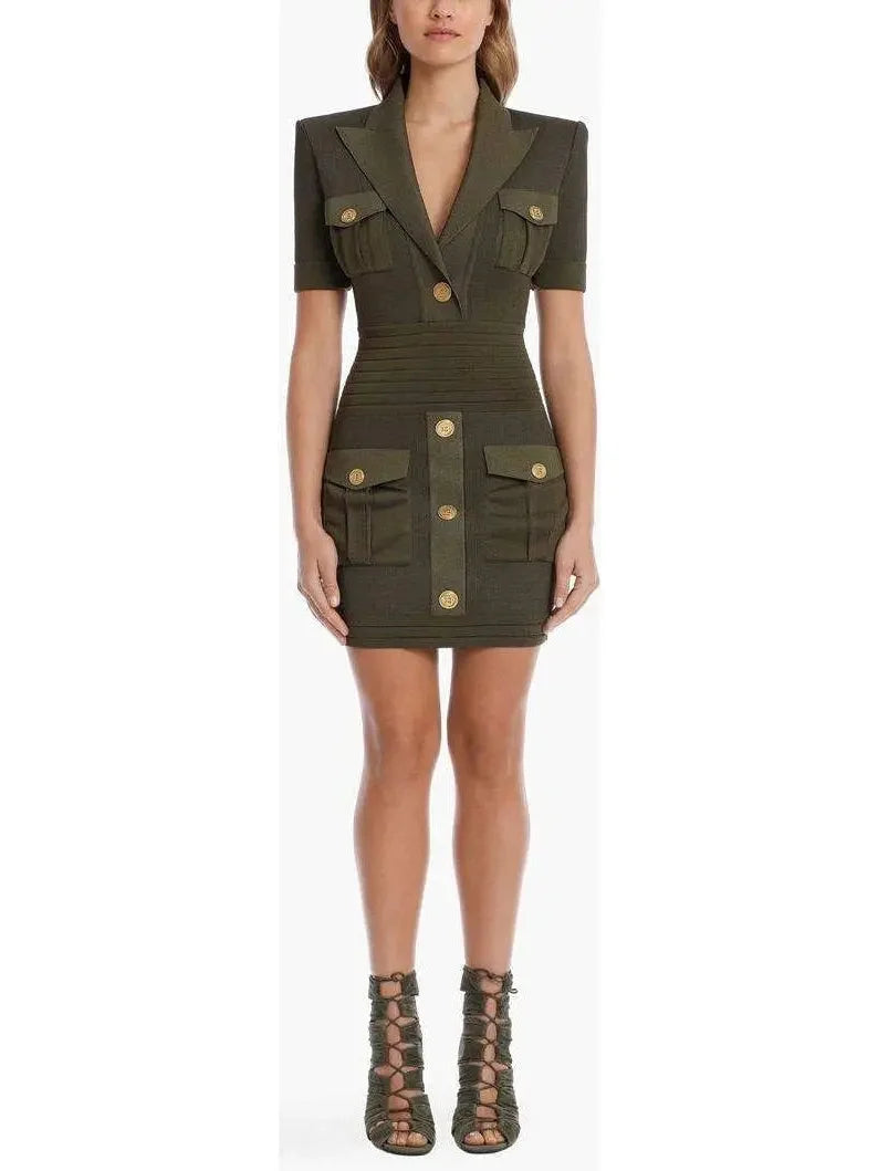 Urban Femme Streetwear Military Pocket Mini Dress with Gold-Tone Buttons