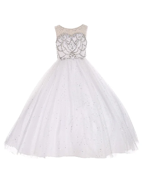 Chic Trends Unveiled Little Girls White Crystal Glitter Tulle Floor Length Pageant Dress 4-6