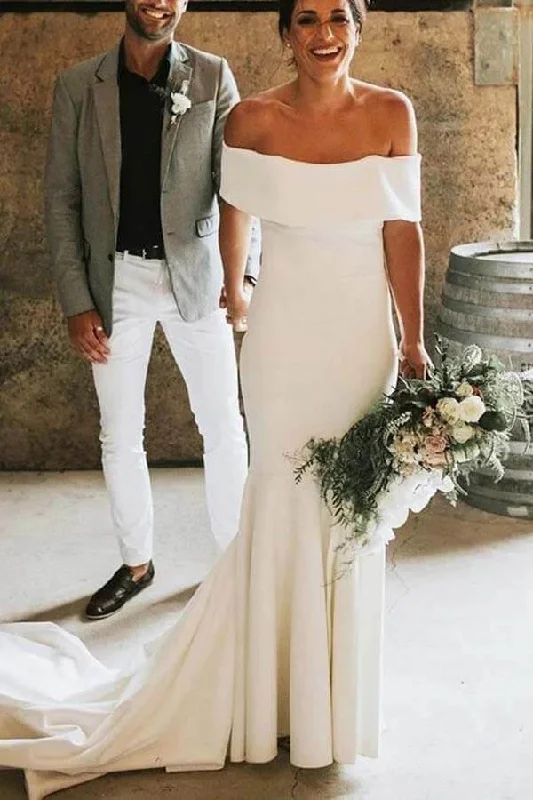 Bold Prints Casual Chic Roycebridal Simple Ivory Mermaid Off-the-Shoulder Wedding Dresses, Bridal Gowns, MW696