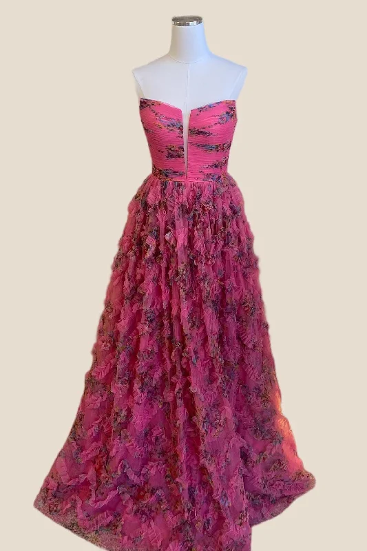 Everyday Fashion Strapless Fuchsia Floral Print Ruffle Long Dress