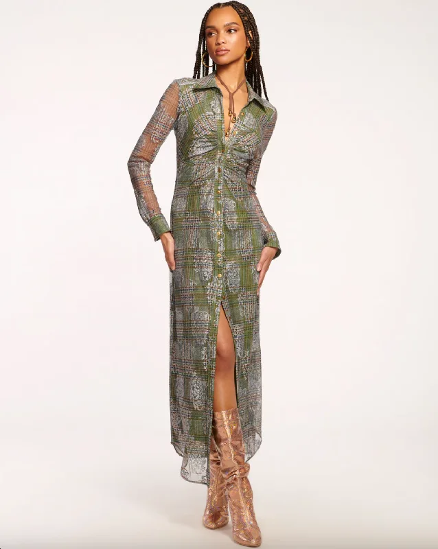 Bold Fashion Wyatt Button Down Mesh Maxi Dress - Sage Tartan