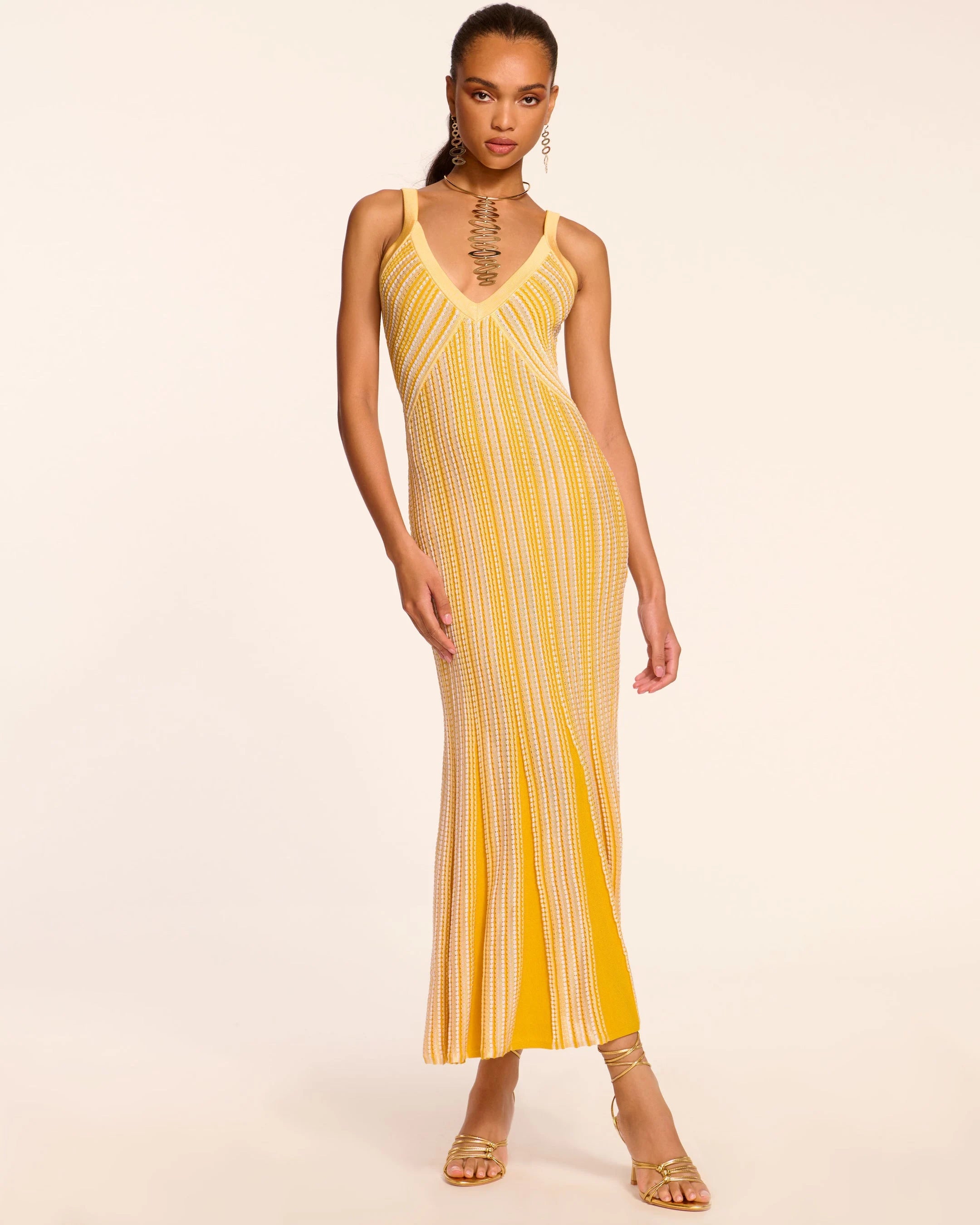 Women's Urban Fashion Paetyn Knit Maxi Dress - Daisy Yellow Stripe