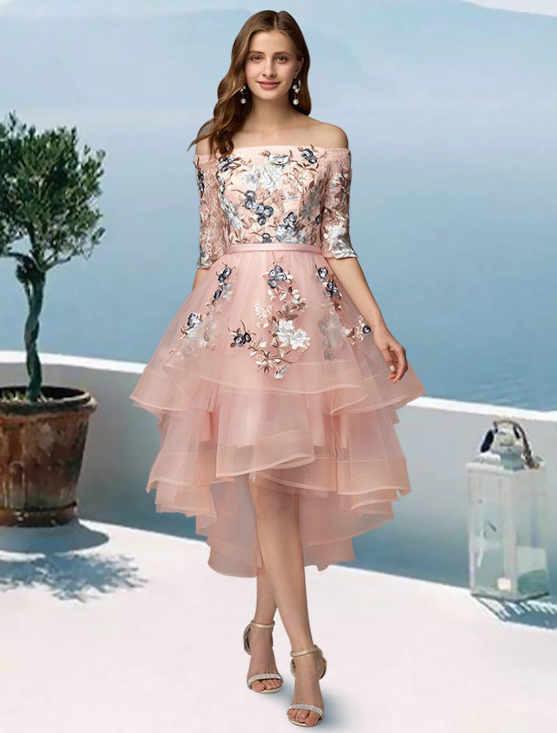 Limited Time Offers A-Line Prom Dresses Floral Dress Evening Party Wedding Party Asymmetrical Half Sleeve Off Shoulder Satin with Embroidery Appliques