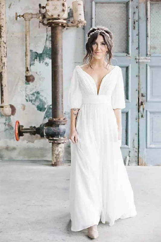 Casual Wear Roycebridal Simple Ivory Chiffon A-line V-neck Half Sleeves Long Wedding Dresses, MW694