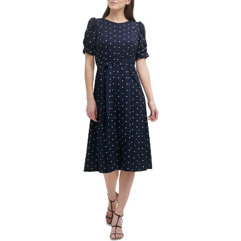 Imeless Style DKNY Womens Petites Polka Dot Mid Calf Midi Dress