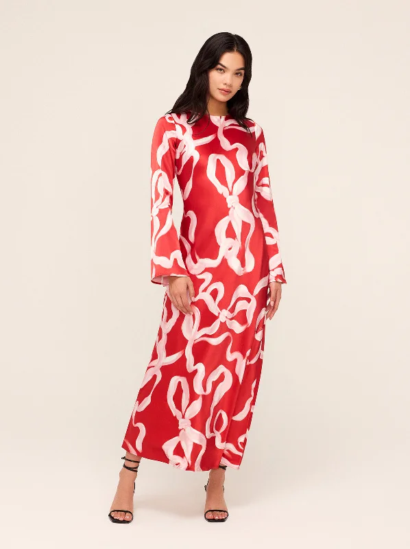 Women Wear Online Keira Red Ribbon Print Maxi Dress