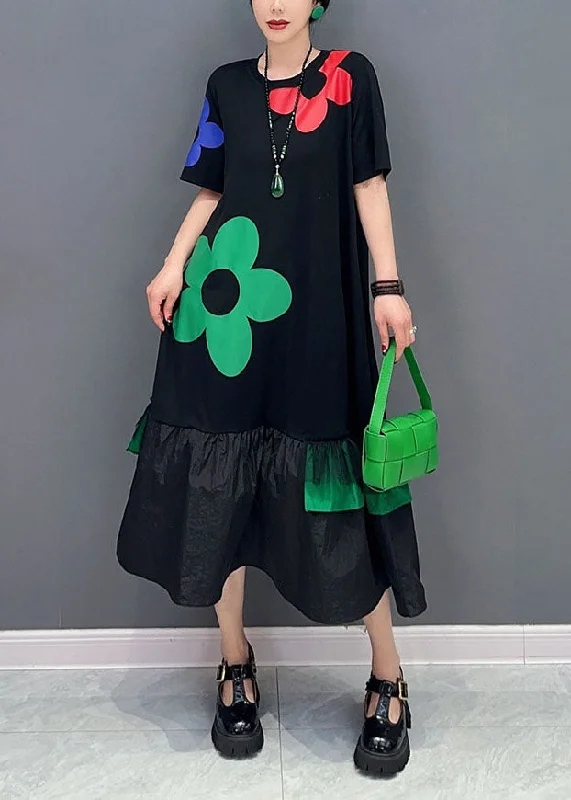 Relaxed Style Art Black Floral Patchwork Ruffles Cotton Long Dresses Summer