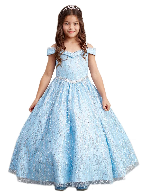 Trendsetter's Closet Little Girls Sky Blue Glitter Off Shoulder Rhinestone Waist Pageant Dress 2-6