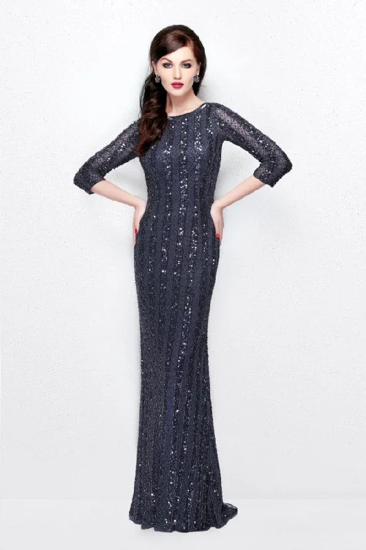 Limited Styles Primavera Couture - 1719 Sheer Quarter Sleeve Embellished Evening Gown - 1 pc Charcoal In Size 2 Available