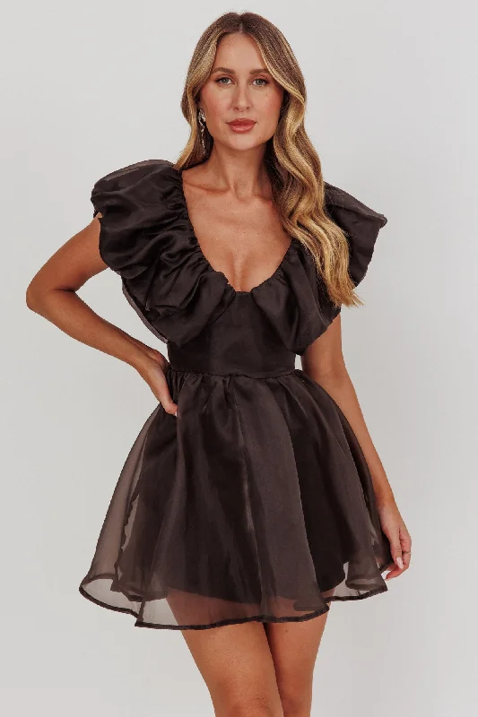 Chic Style, Always In Vogue Kahlo Ruffle Neckline Mini Dress Black