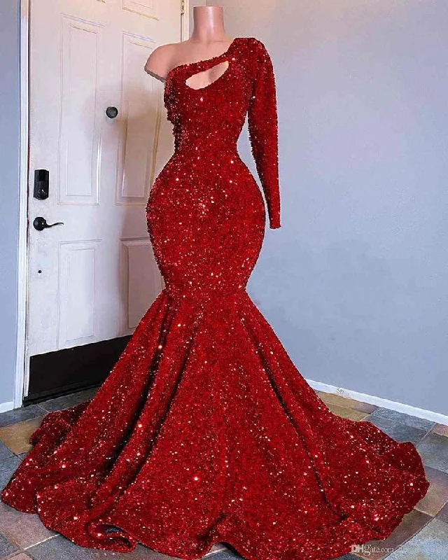 End of Season Sale Red Sequined Black Girls Mermaid Prom Dresses 2021 Plus Size One Shoulder Long Sleeve Sequined Keyhole Prom Gowns vestido de fiesta PL01231 End of Season Sale Red Sequined Black Girls Mermaid Prom Dresses 2021 Plus Size One Shoulder Long Sleeve Sequined Keyhole Prom Gowns vestido de fiesta PL01231