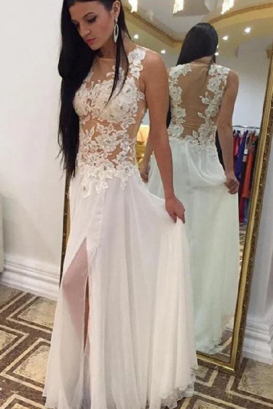 Runway Inspired Wear Roycebridal White Chiffon High Neck Beaded Floor Length Sleeveless Long Wedding Dresses, MW244