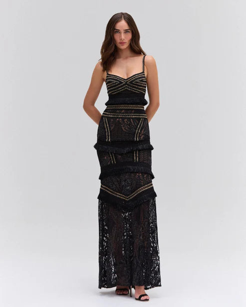 Imeless Style Lace & Fringe Maxi Dress - Black