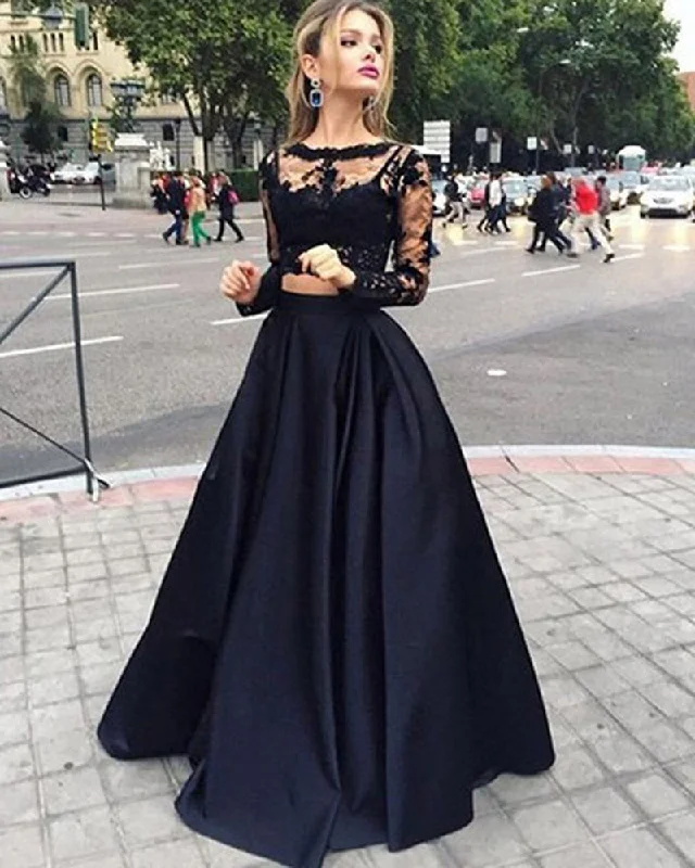 Preppy Style Girls Crop Top Long Senior Graduation Prom Gown Black Homecoming Dress with Long Sleeve Preppy Style Girls Crop Top Long Senior Graduation Prom Gown Black Homecoming Dress with Long Sleeve