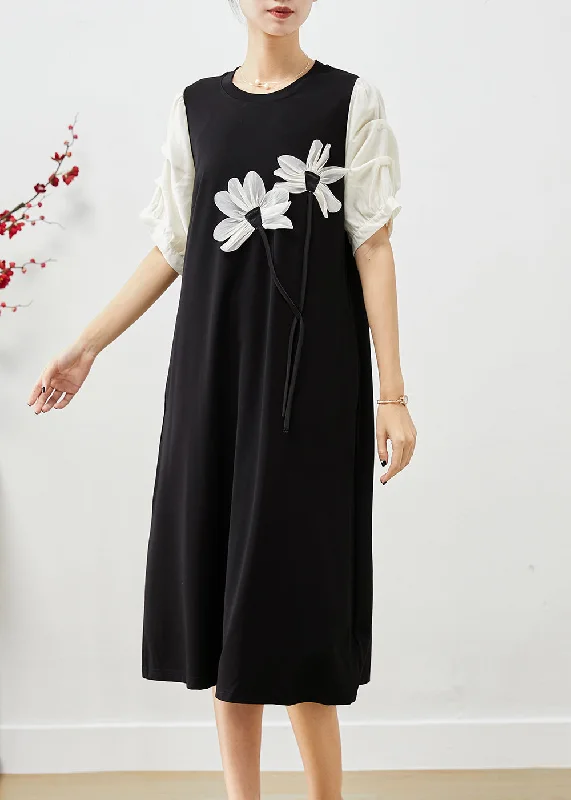 Sophisticated Outfits Elegant Black Puff Sleeve Patchwork Floral Applique Spandex Dress