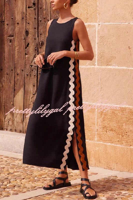 Clothing Brands Vacation Villa Side Ric Rac Wave Trim Slit Loose Maxi Dress