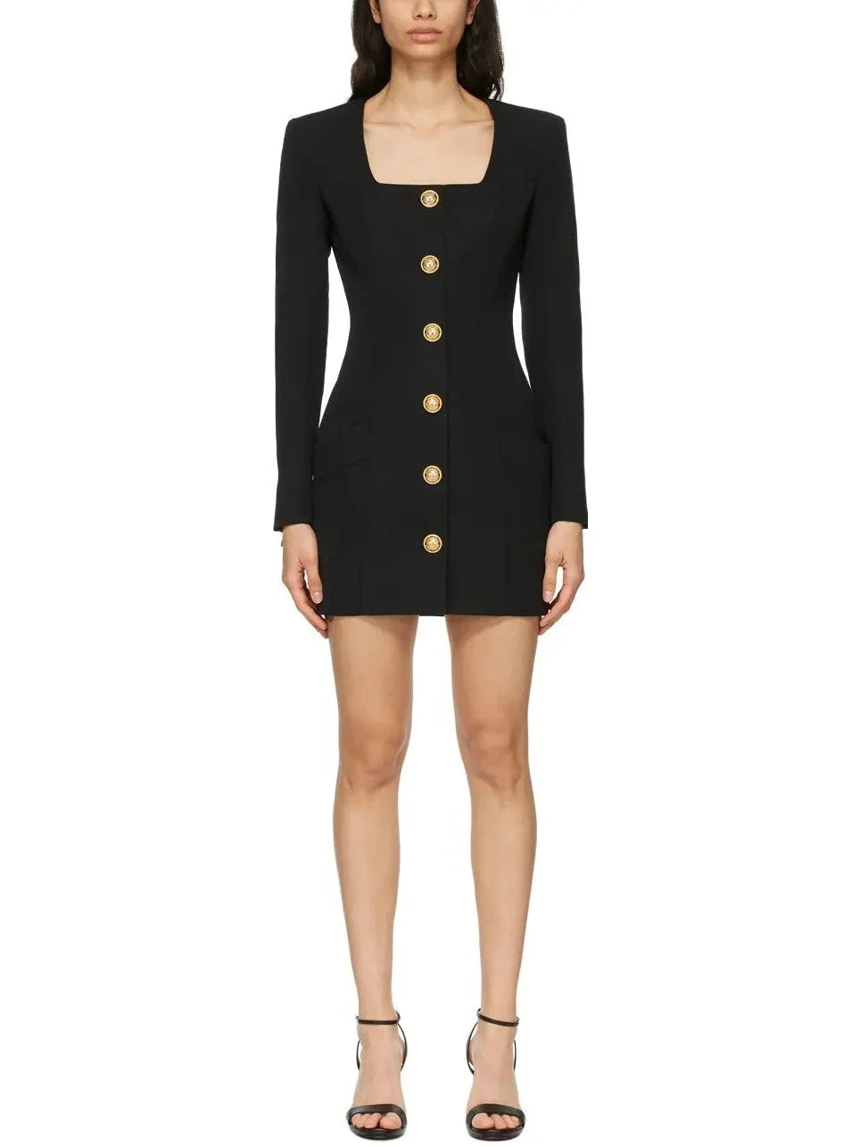 Exclusive Sale Black Buttoned Square-Neck Mini Dress