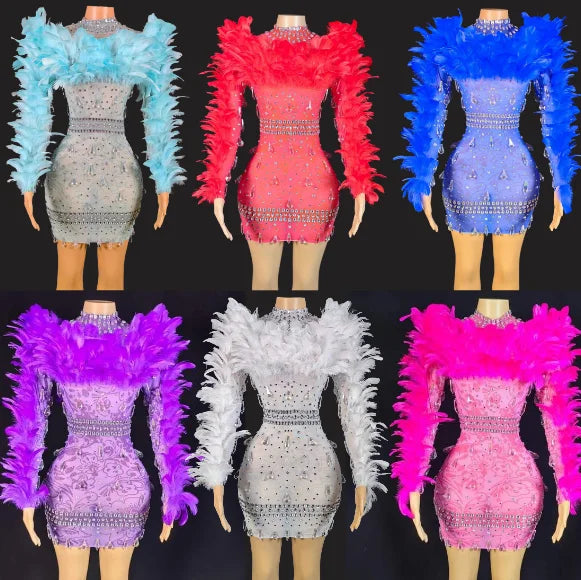 Online Boutiques Affordable Ocstrade Singing Costumes For Concert Performances Bling Sequin And Feathers Party Dresses Light Blue Long Sleeve Mini Dress