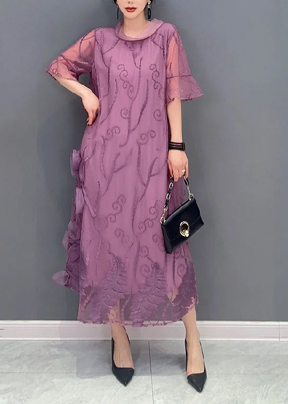 Colorful Clothing Purple Floral Tulle Long Dress Embroideried Summer