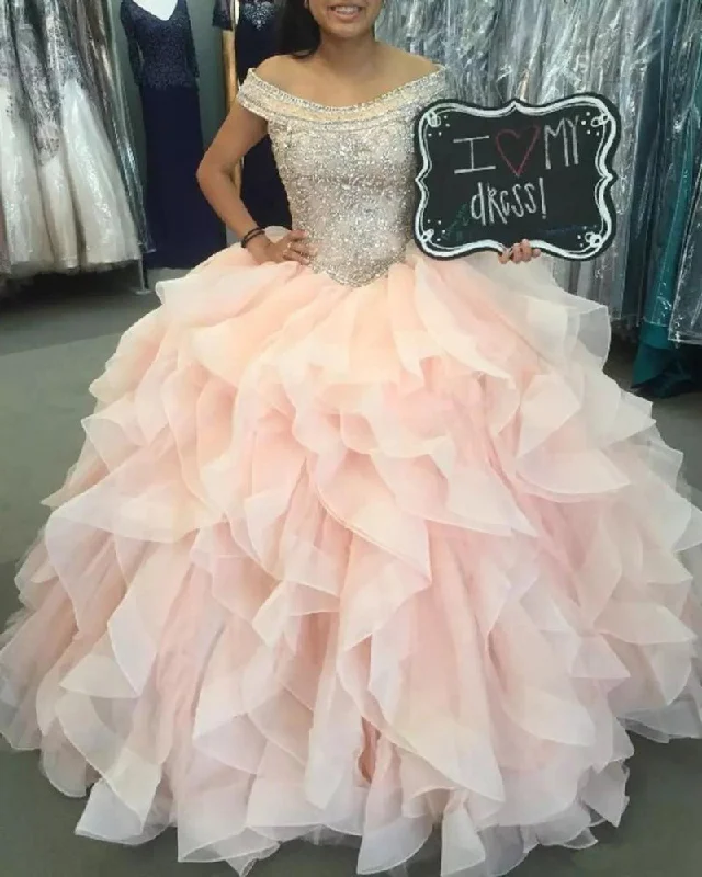 Rocker Chic Fashion Princess Beading Pink Ruffle Organza Ball Gown Sweet 16 Dress Girls Quinceanera Prom Gown Rocker Chic Fashion Princess Beading Pink Ruffle Organza Ball Gown Sweet 16 Dress Girls Quinceanera Prom Gown