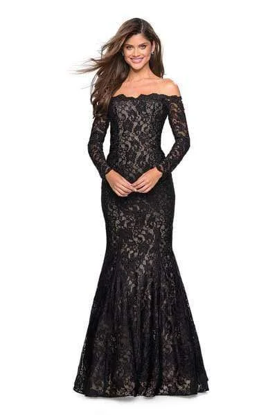 Elegant Women’s Clothing La Femme - Long Sleeve Off Shoulder Lace Trumpet Gown 26393 - 1 pc Black In Size 8 Available