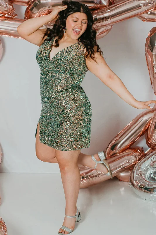 Cool Prices Sydney's Closet SC8110 Size 24 Green Short Plus Size fitted Sequin Formal Cocktail Dress Slit V Neck Gown Cool Prices Sydney's Closet SC8110 Size 24 Green Short Plus Size fitted Sequin Formal Cocktail Dress Slit V Neck Gown