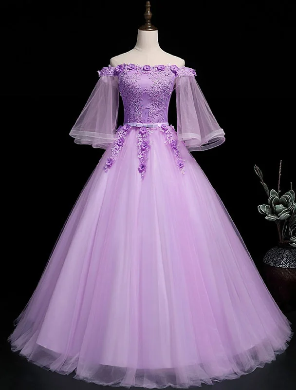 Women’s Fashion Clothing Ball Gown Luxurious Floral Quinceanera Prom Birthday Dress Off Shoulder 3/4 Length Sleeve Floor Length Tulle with Sash / Ribbon Embroidery