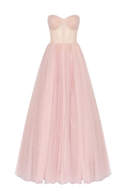 Rocker Chic Fashion Misty Rose Tulle Maxi Dress with a Corset Bustier