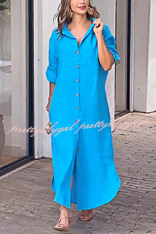 The Latest Fashion Trends Linen Blend Solid Color Long Sleeve Buttoned Loose Pockets Maxi Dress