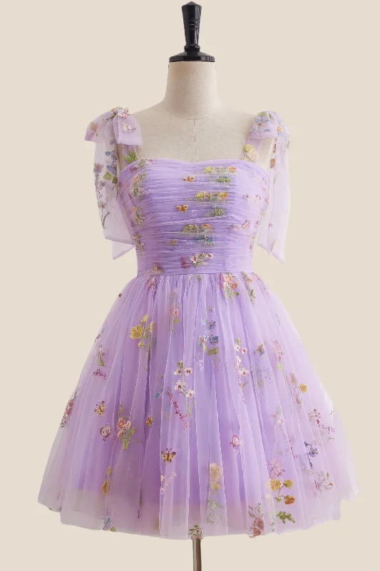 Relaxed Style Straps Lavender Floral Ruched Tulle Short Dress