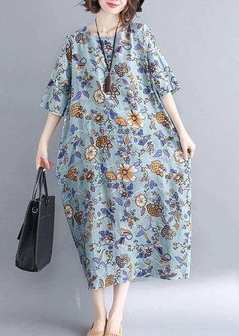 Latest Trends French blue floral cotton linen Soft Surroundings o neck Plus Size Clothing summer Dress Latest Trends French blue floral cotton linen Soft Surroundings o neck Plus Size Clothing summer Dress
