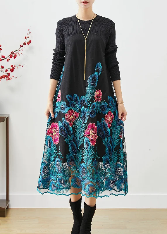 Urban Femme Streetwear Art Blue Embroideried Floral Knit Long Dress Fall