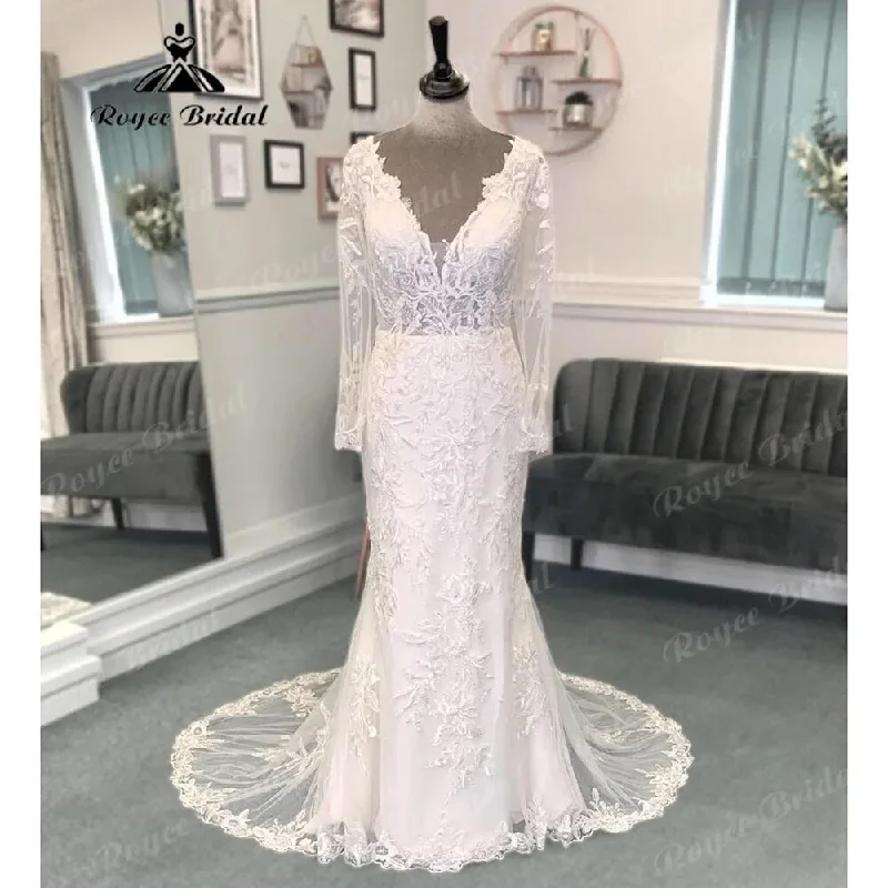 Relaxed Fashion Plunging Deep V Neck Lace Appliques Long Sleeve Backless Wedding Dress for Women 2024 Bridal Gown vestido de boda corte sirena