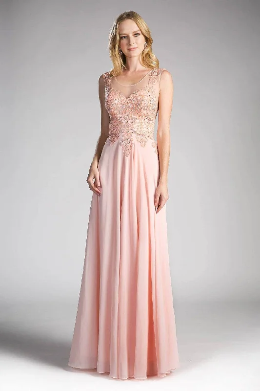 Quality Driven Apparel Ladivine 2635 - Jeweled Metallic Lace Illusion A-Line Chiffon Gown