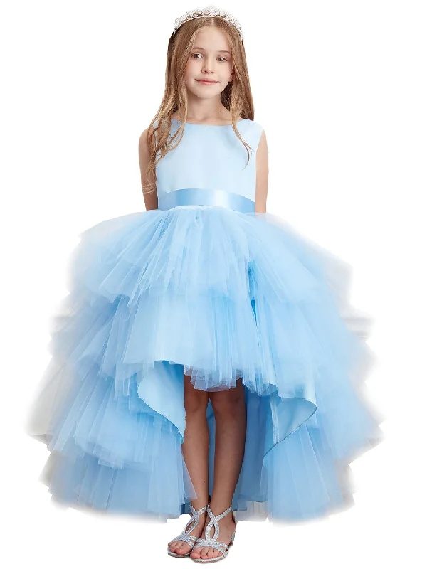 Style Breakthroughs Little Girls Sky Blue Sash Ruffled Tulle High Low Flower Girl Dress 2-6