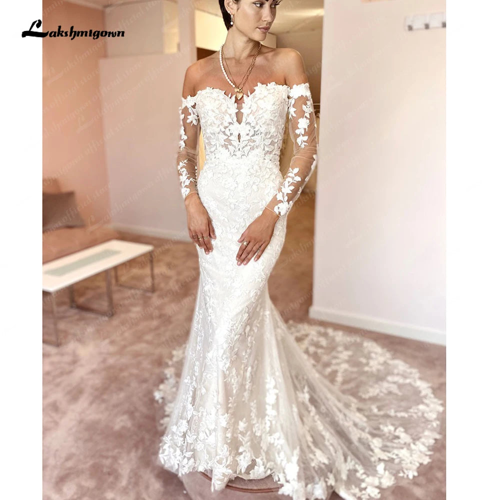 Limited Stock, Big Sale Roycebridal Long Sleeves Mermaid Boho Wedding Dress 2025 Off Shoulder Court Train Bridal Gowns vestidos para mujer