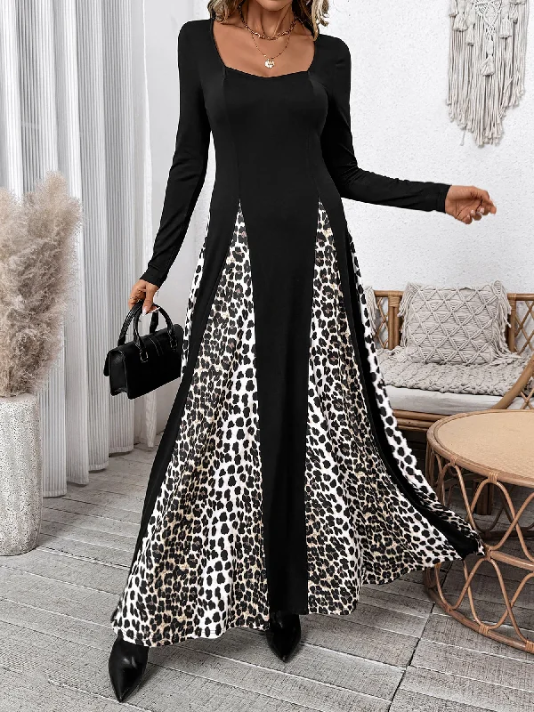 Style Beyond Borders Leopard Patchwork Long Sleeves A-Line Maxi Dress