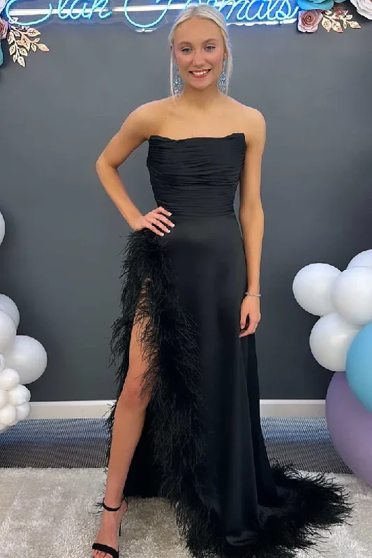 Feminine Dresses for Women in Bold Prints Black Strapless Pleated Satin Long Prom Gown with Feathers gh2620