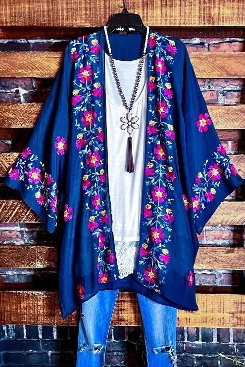 Casual Fashion IT'S LOVE AT FIRST SIGHT NAVY FLORAL EMBROIDERED KIMONO