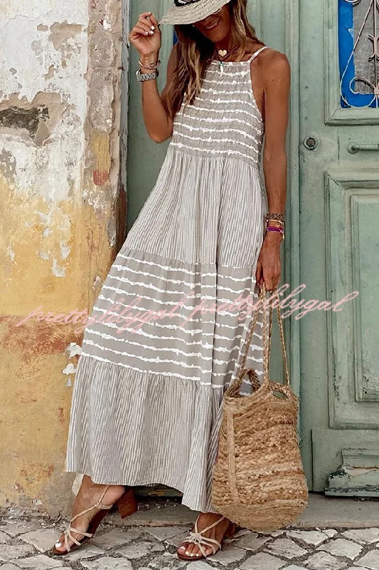 Trend Setting Wardrobe Summer Rise Striped Halter Neck A-line Maxi Dress