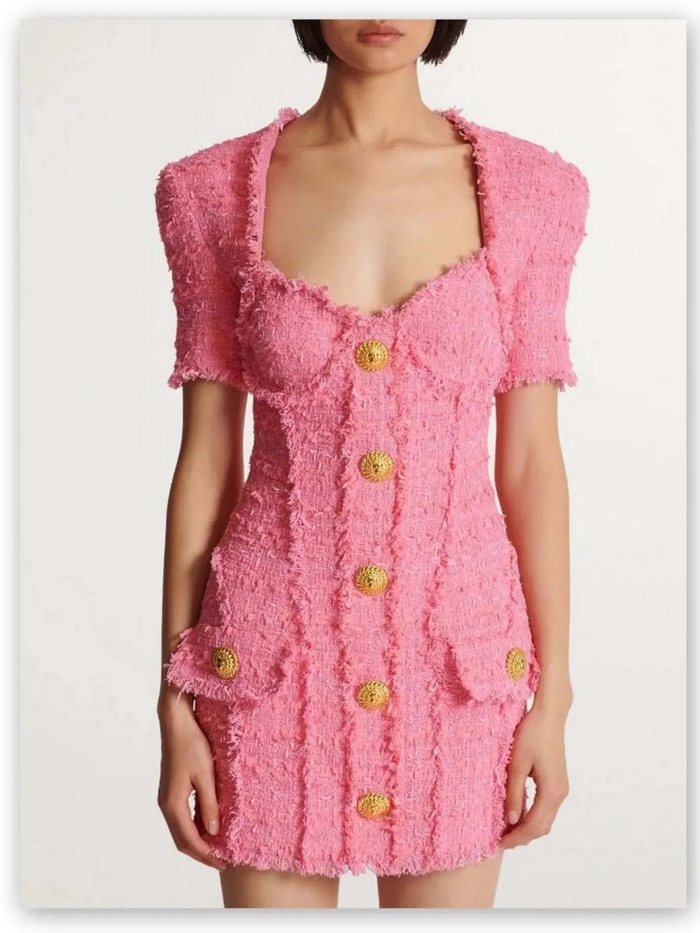 Stylish Statements Gold-Buttoned Pink Tweed Short-Sleeve Mini Dress