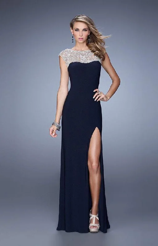 Chic Women’s Clothing La Femme - Metallic Embroidered Sheath Gown with Slit 21467 - 1 pc Navy In Size 8 Available