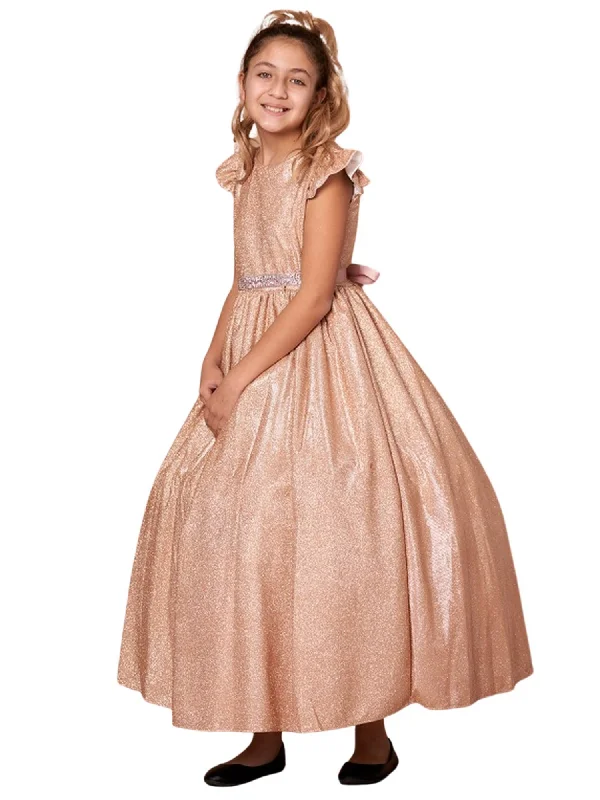 Trendy Women's Collection Little Girls Rose Gold Metallic Flutter Sleeve Flower Girl Dress 2-6