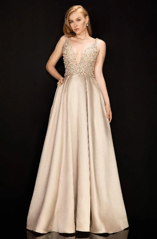 Fashion Essentials Terani Couture - 2011P1094 Embellished Deep V-neck Pleated A-line Gown Fashion Essentials Terani Couture - 2011P1094 Embellished Deep V-neck Pleated A-line Gown