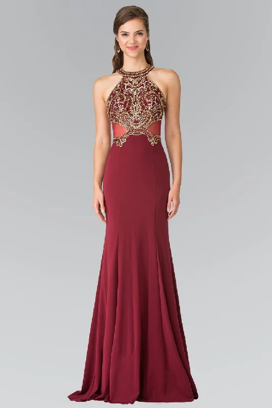 Seasonal Sale Elizabeth K - Bead Embellished Halter Sheer Back Evening Gown GL2328 - 1 pc Burgundy In Size XS Available