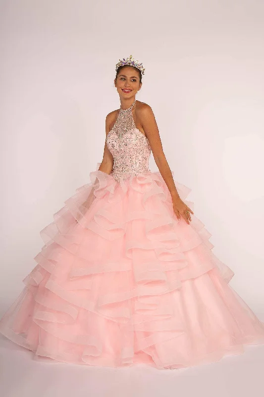 Valentine's Special Elizabeth K - GL2512 Ornate Illusion High Halter Ruffled Ballgown