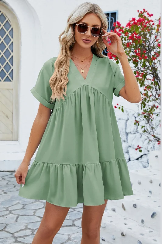 Eclectic Style Wardrobe Ruched Tiered V-Neck Short Sleeve Mini Dress